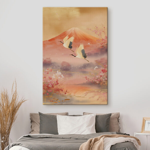 Painting of birds flying over a mountain Painting of birds flying over a mountain