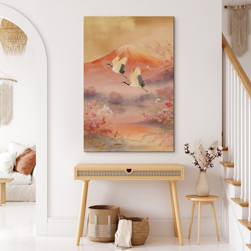 Painting of birds flying over a mountain Painting of birds flying over a mountain