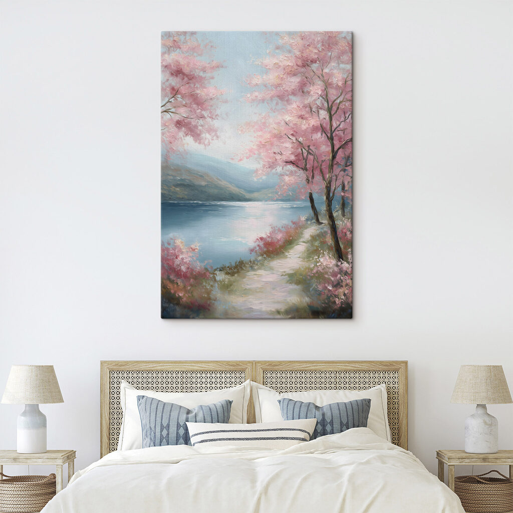 Painting of a lake with pink trees and mountains Painting of a lake with pink trees and mountains
