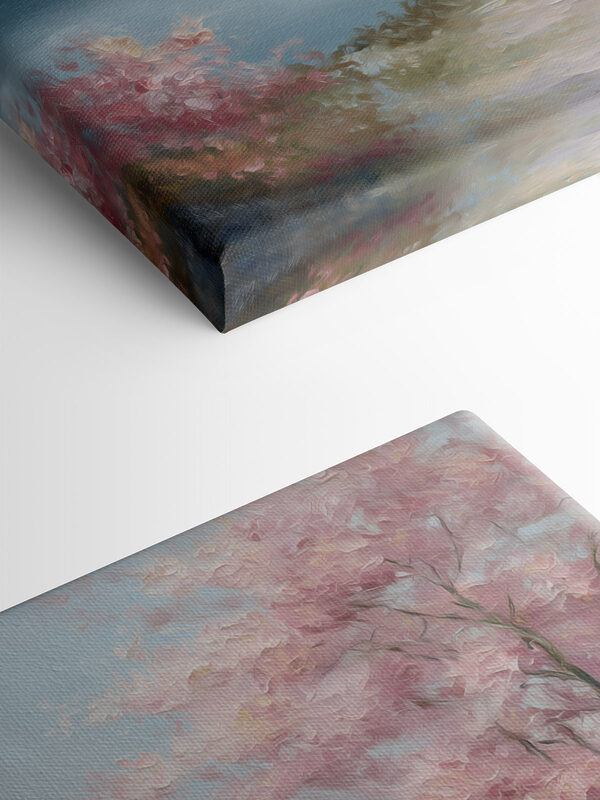 Painting of a lake with pink trees and mountains Painting of a lake with pink trees and mountains