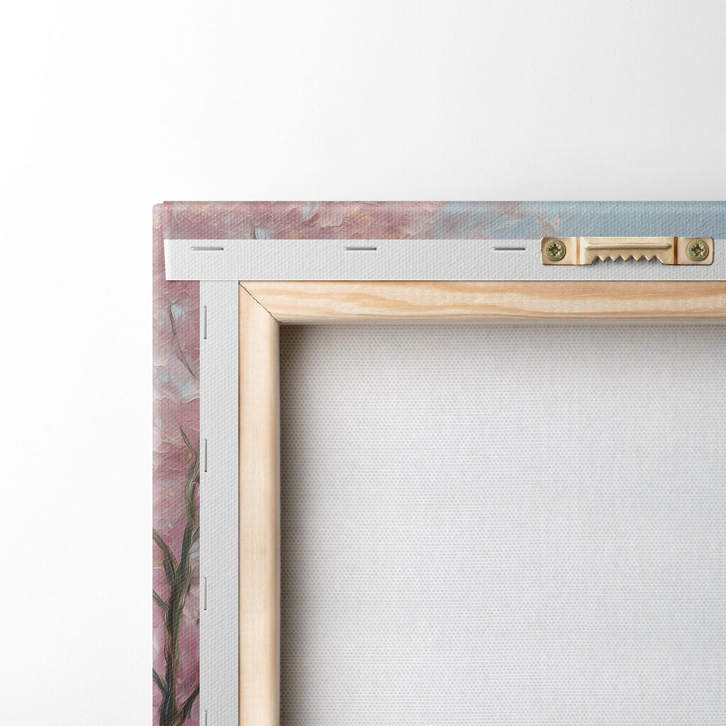 Painting of a lake with pink trees and mountains Painting of a lake with pink trees and mountains