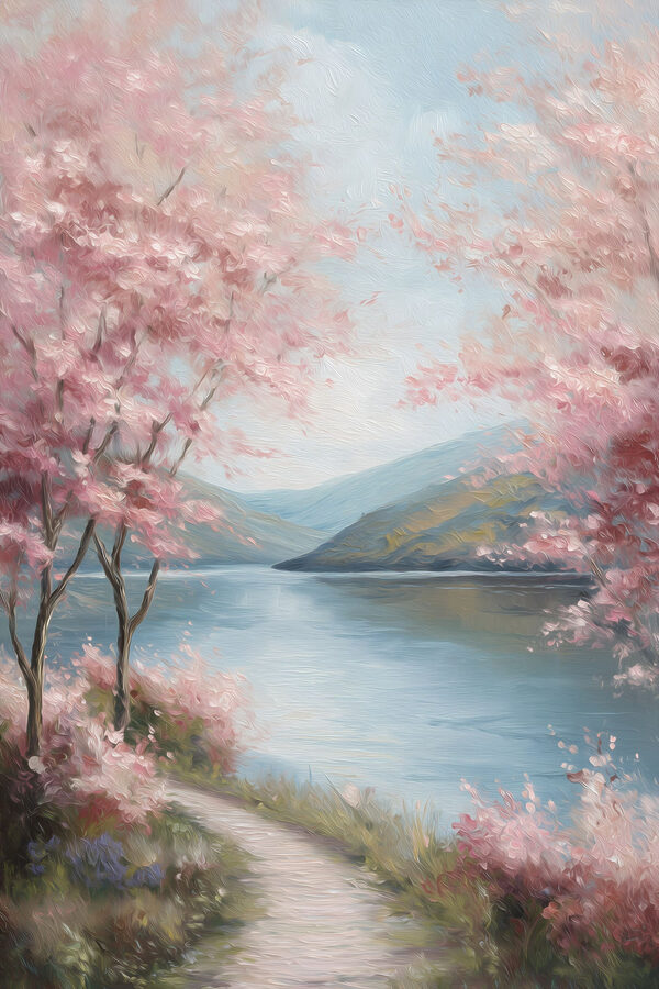 Painting of a lake with pink flowers Painting of a lake with pink flowers
