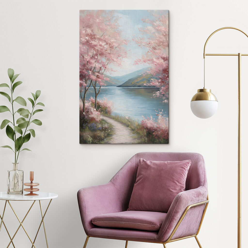 Painting of a lake with pink flowers Painting of a lake with pink flowers