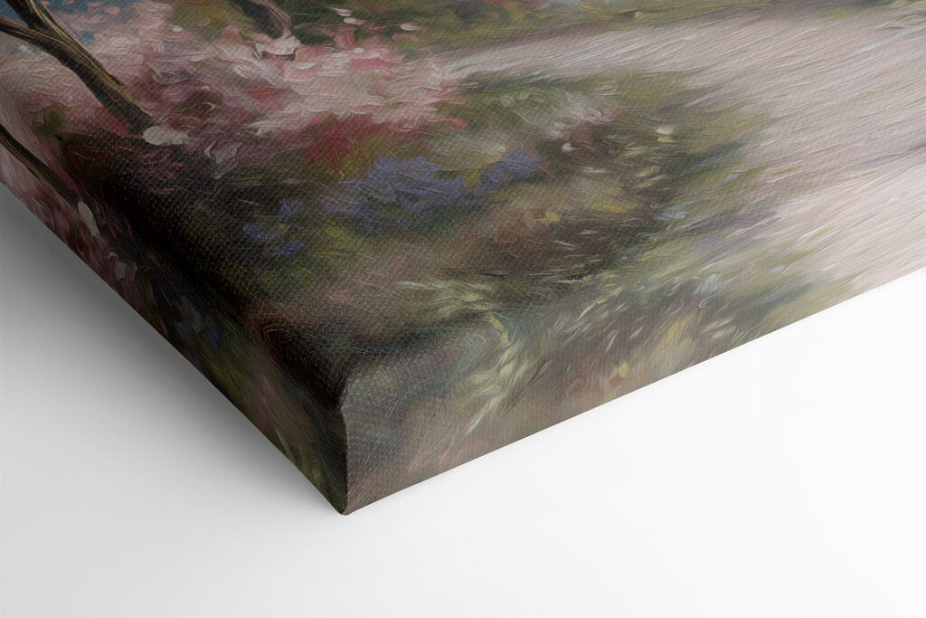 Painting of a lake with pink flowers Painting of a lake with pink flowers