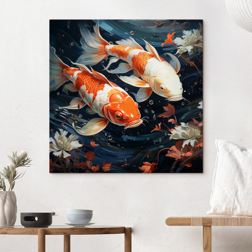 Couple of orange and white fish swimming in water