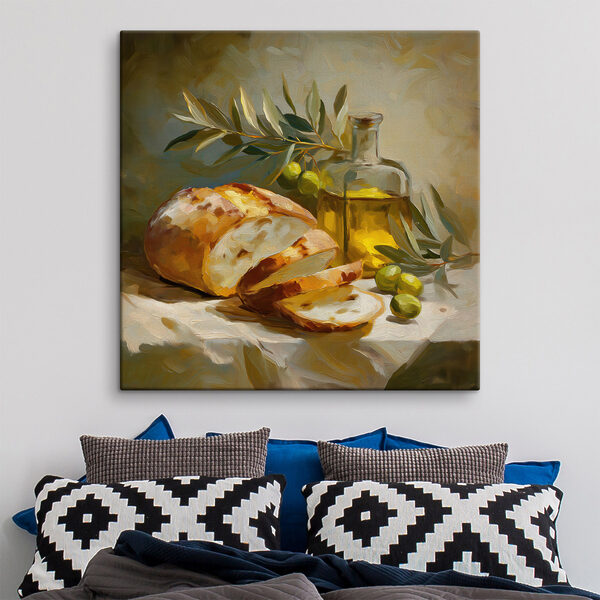 Painting of a still life with a loaf of bread and olives
