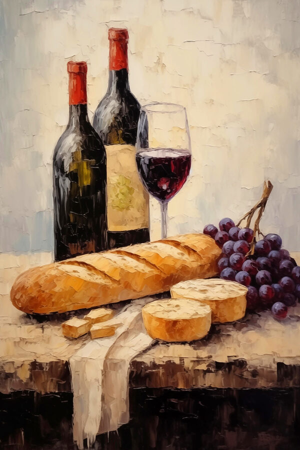 Painting of wine bottles and grapes