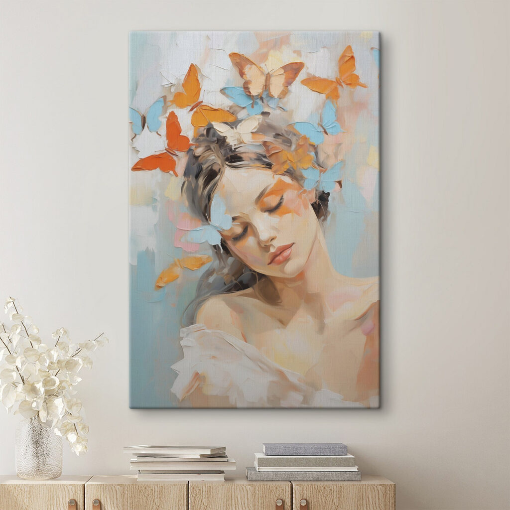 Painting of a woman with butterflies in her hair