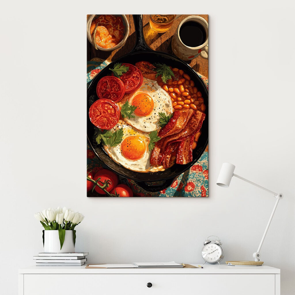 Pan of food with eggs bacon beans and tomatoes