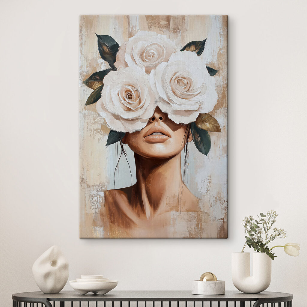 Painting of a woman with flowers on her face