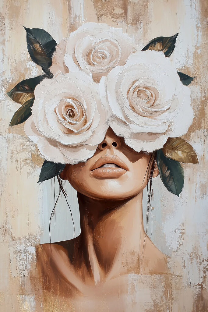 Painting of a woman with flowers on her face