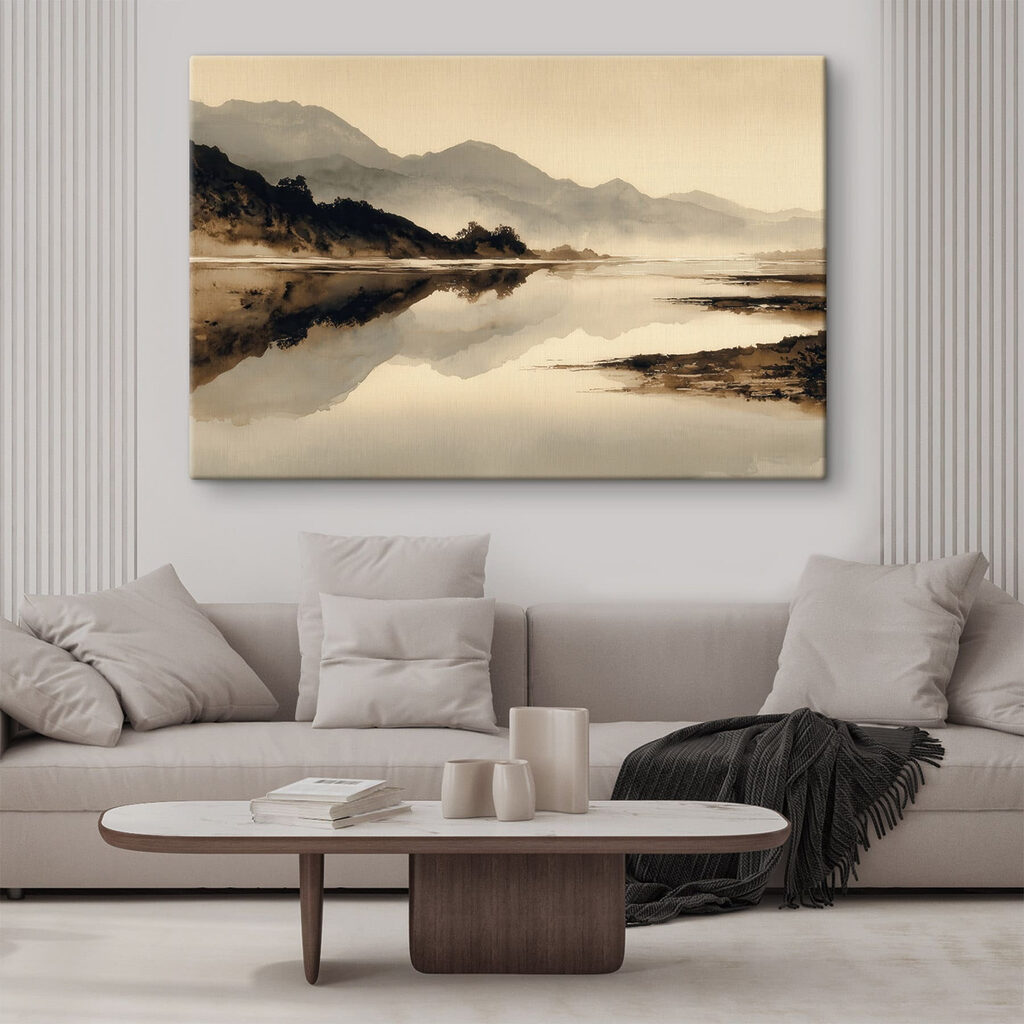 Watercolor painting of a lake with mountains in the background Watercolor painting of a lake with mountains in the background