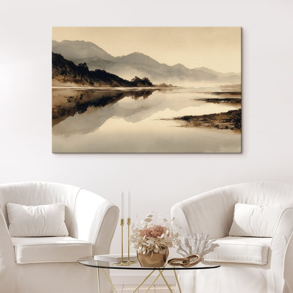 Watercolor painting of a lake with mountains in the background Watercolor painting of a lake with mountains in the background