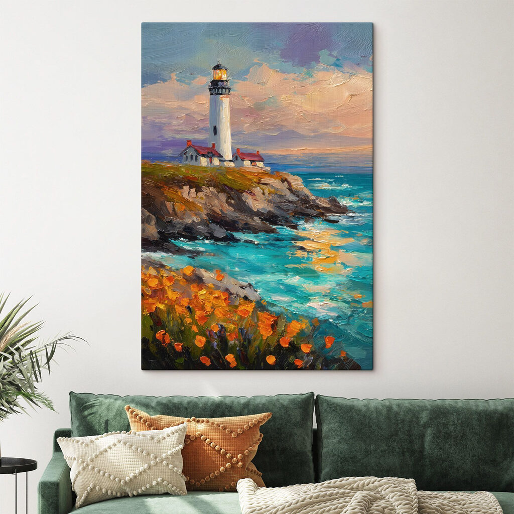 Painting of a lighthouse on a cliff by the ocean Painting of a lighthouse on a cliff by the ocean