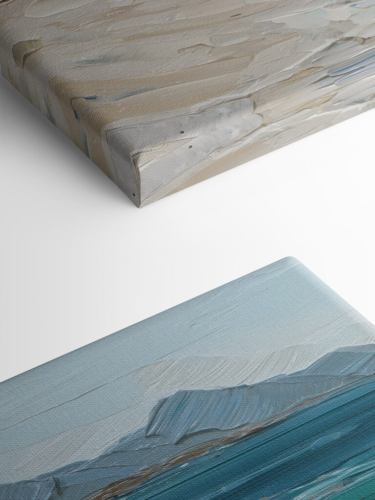 Painting of a beach with rocks and water Painting of a beach with rocks and water