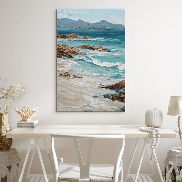 Painting of a beach with rocks and water Painting of a beach with rocks and water