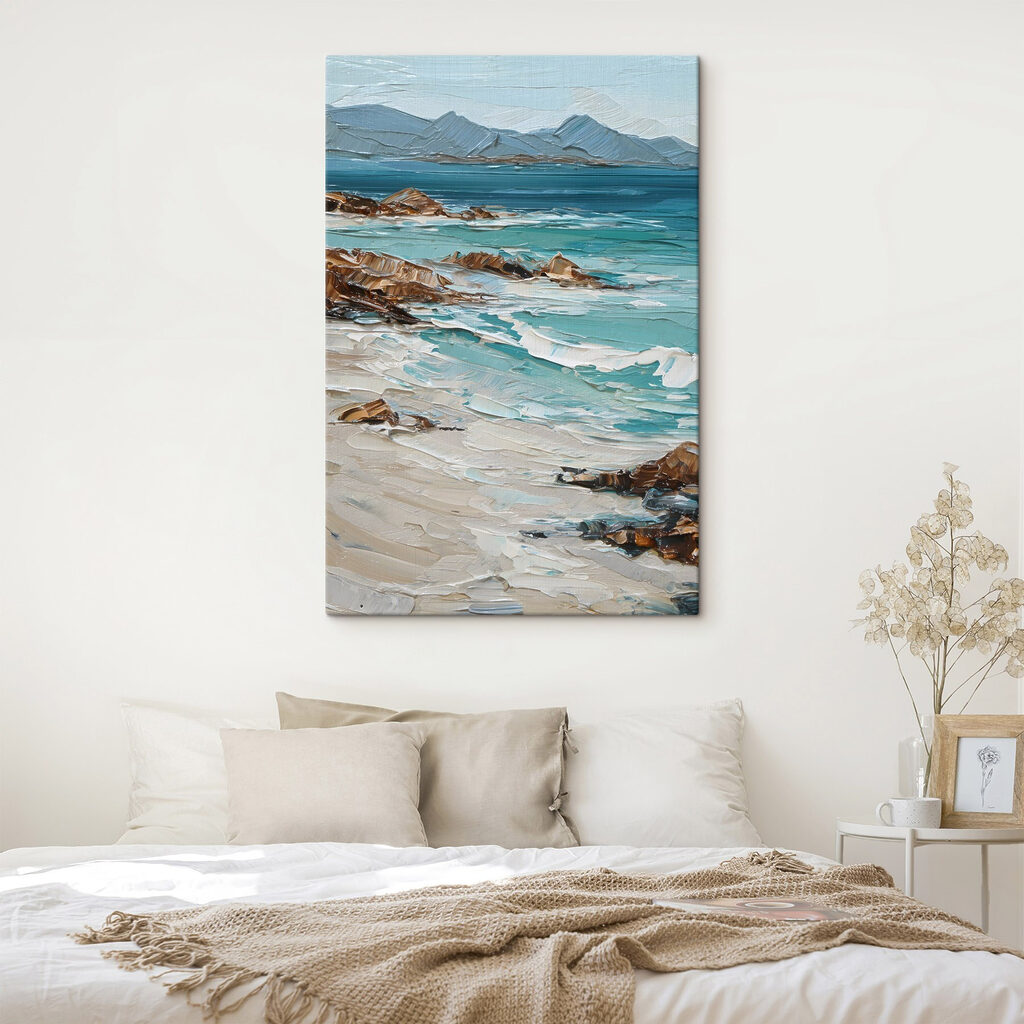 Painting of a beach with rocks and water Painting of a beach with rocks and water