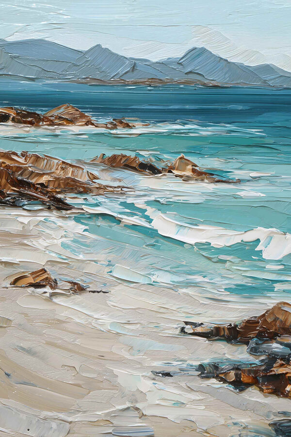 Painting of a beach with rocks and water Painting of a beach with rocks and water