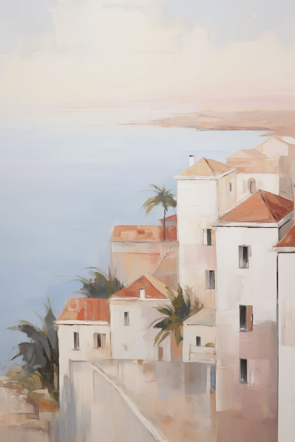 Painting of a group of buildings with palm trees