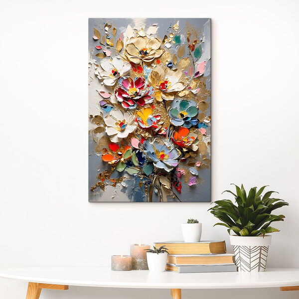 Painting of flowers on a grey surface