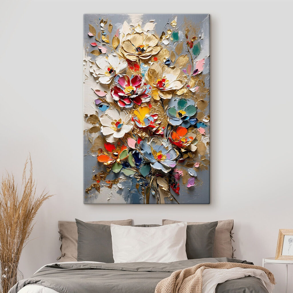 Painting of flowers on a grey surface