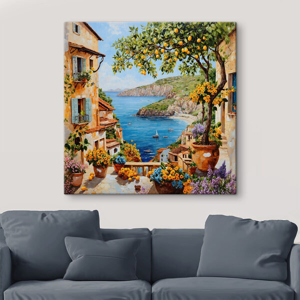 Painting of a town with a body of water and a bay