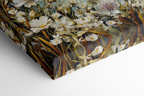 Painting of flowers and a body of water Painting of flowers and a body of water