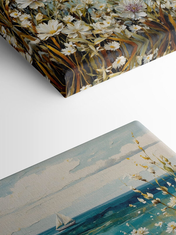 Painting of flowers and a body of water Painting of flowers and a body of water