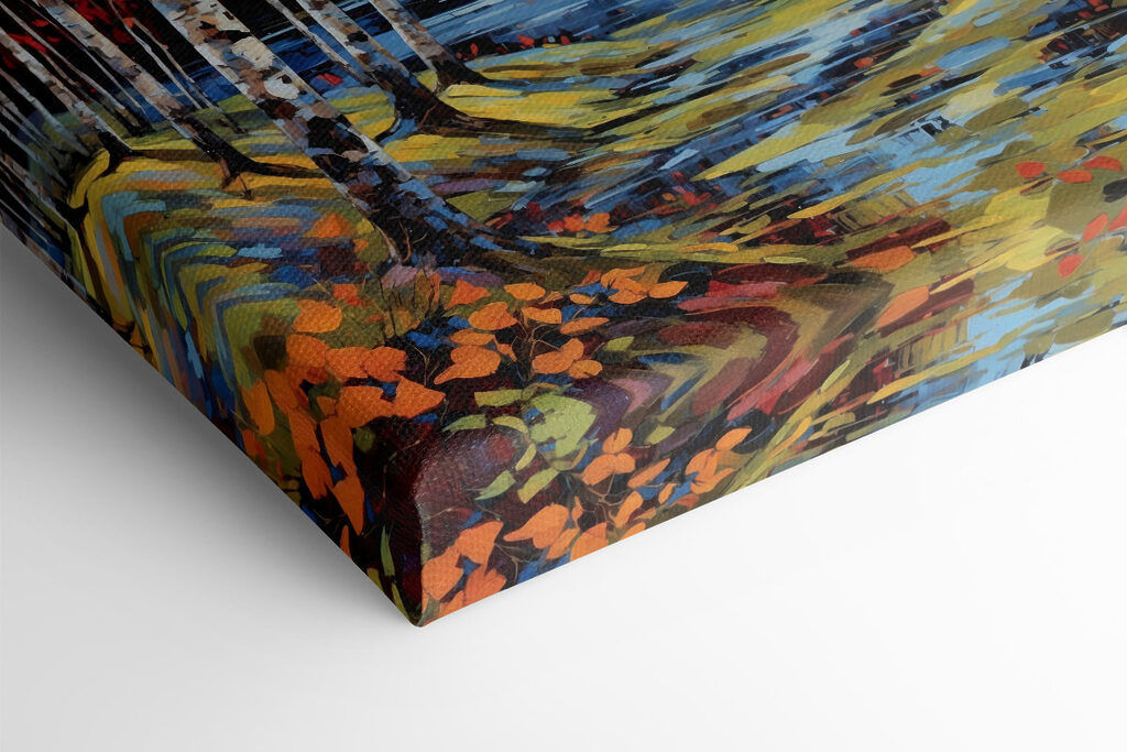 Painting of a river with trees and leaves
