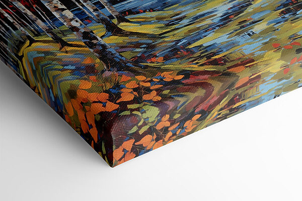 Painting of a river with trees and leaves