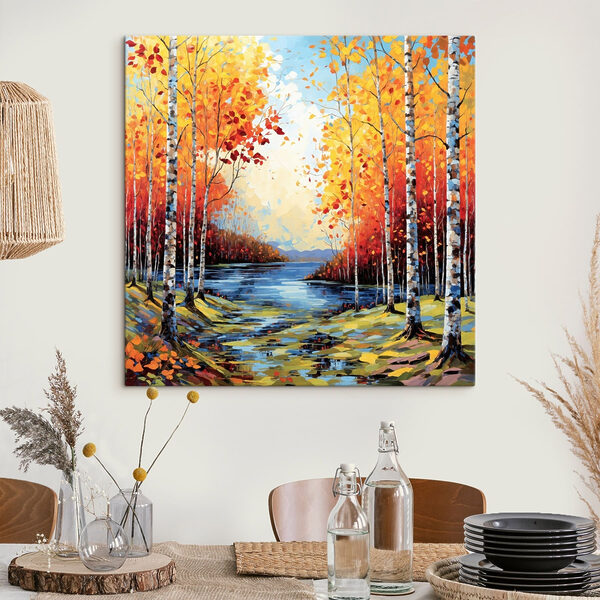 Painting of a river with trees and leaves