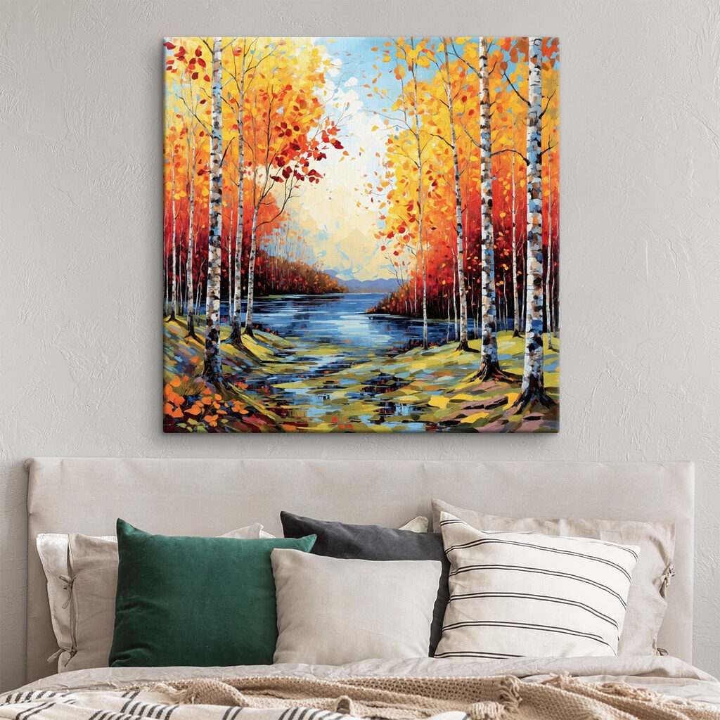 Painting of a river with trees and leaves