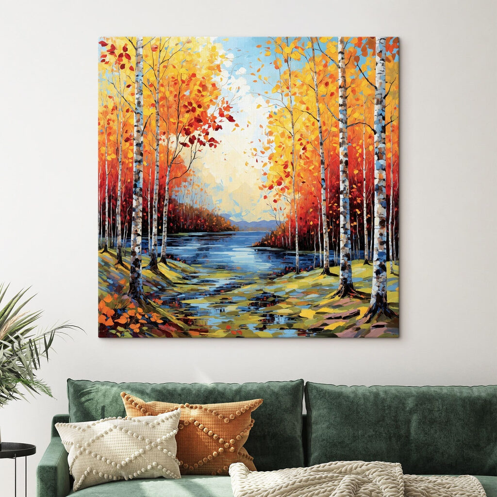 Painting of a river with trees and leaves