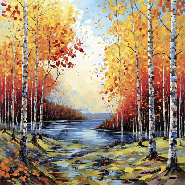 Painting of a river with trees and leaves