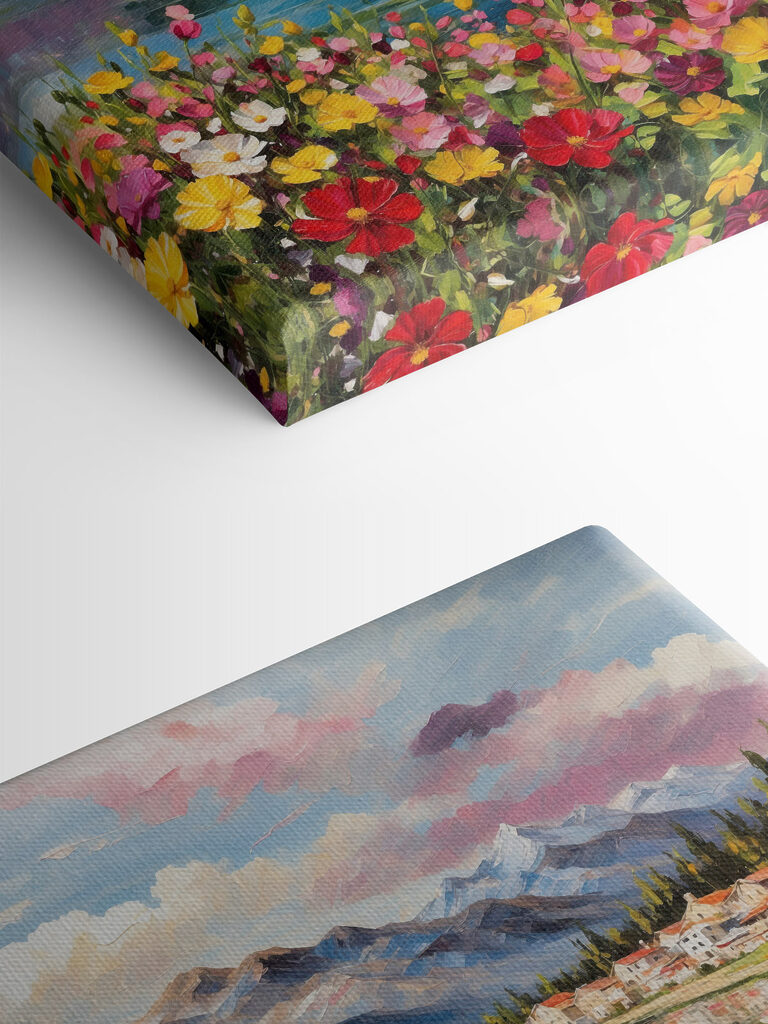 Painting of a lake with flowers and mountains in the background Painting of a lake with flowers and mountains in the background