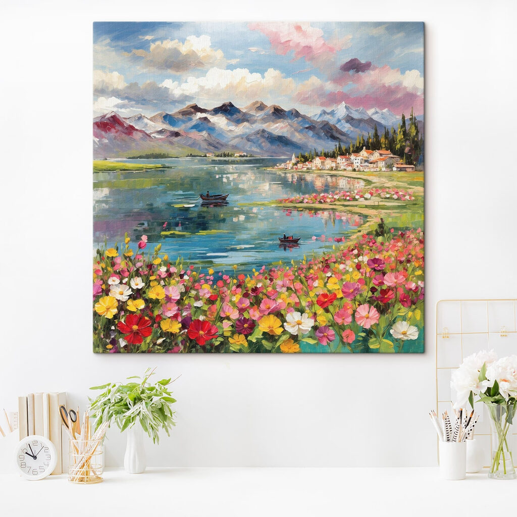 Painting of a lake with flowers and mountains in the background Painting of a lake with flowers and mountains in the background