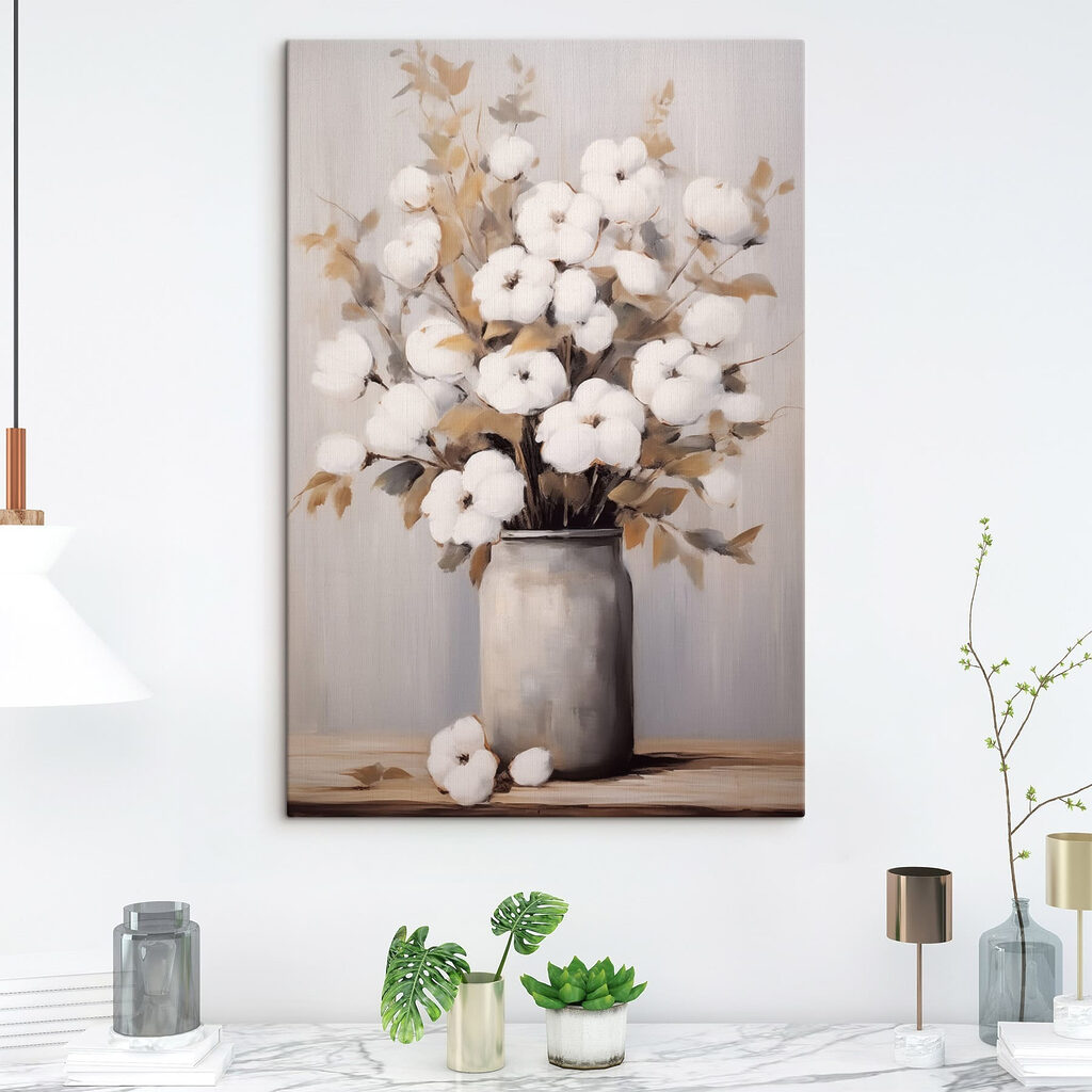 Painting of cotton flowers in a vase Painting of cotton flowers in a vase