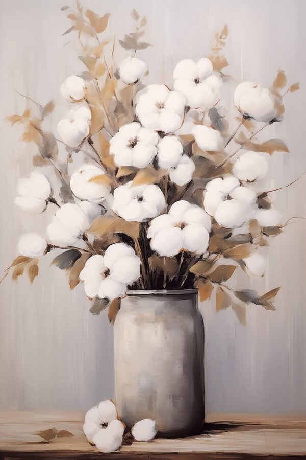 Painting of cotton flowers in a vase Painting of cotton flowers in a vase