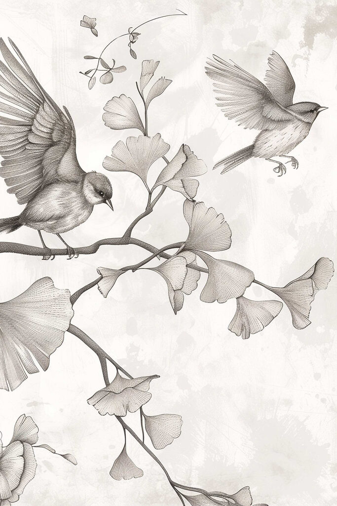 Birds on a branch with leaves