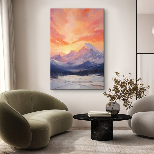 Painting of a mountain range with a lake and trees