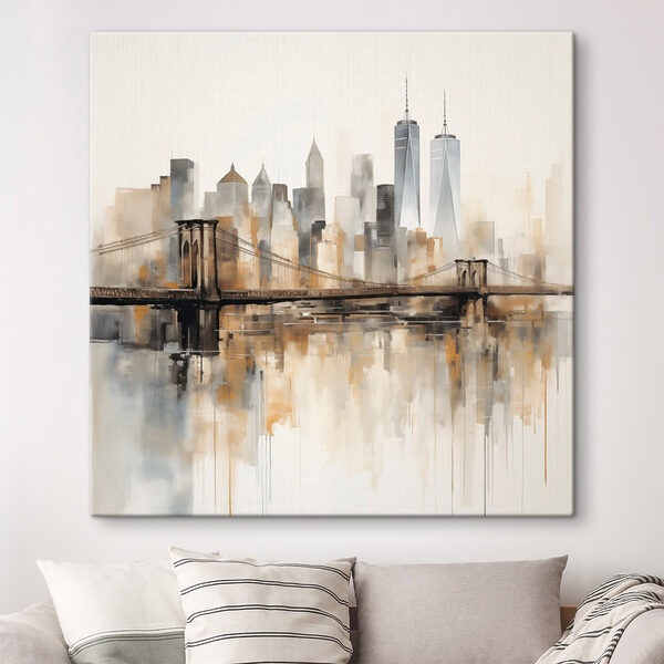 Bridge over water with city skyline in the background