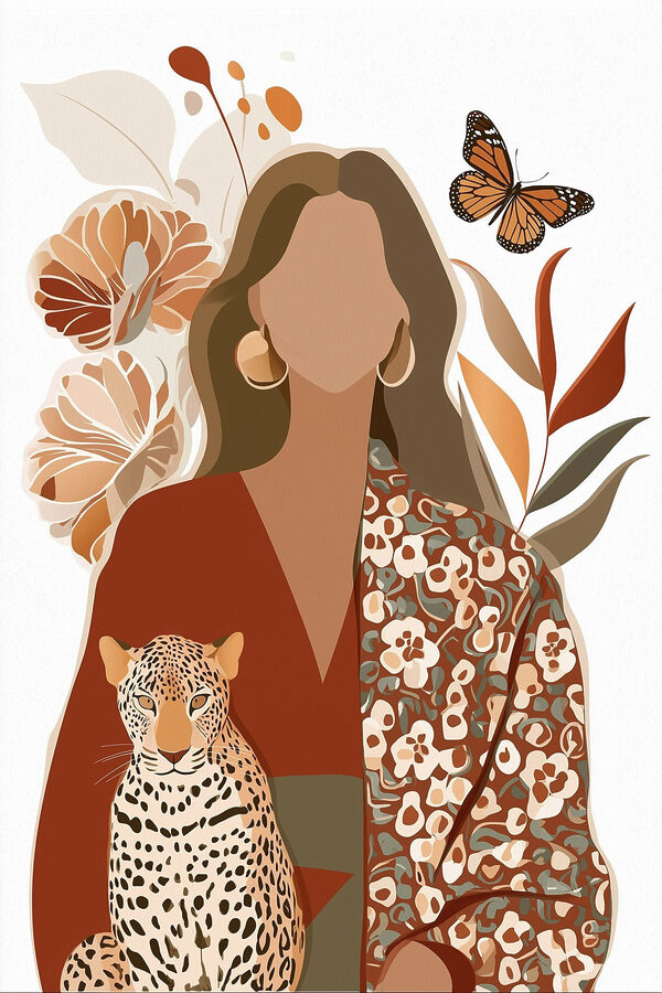 Woman with a leopard and butterflies