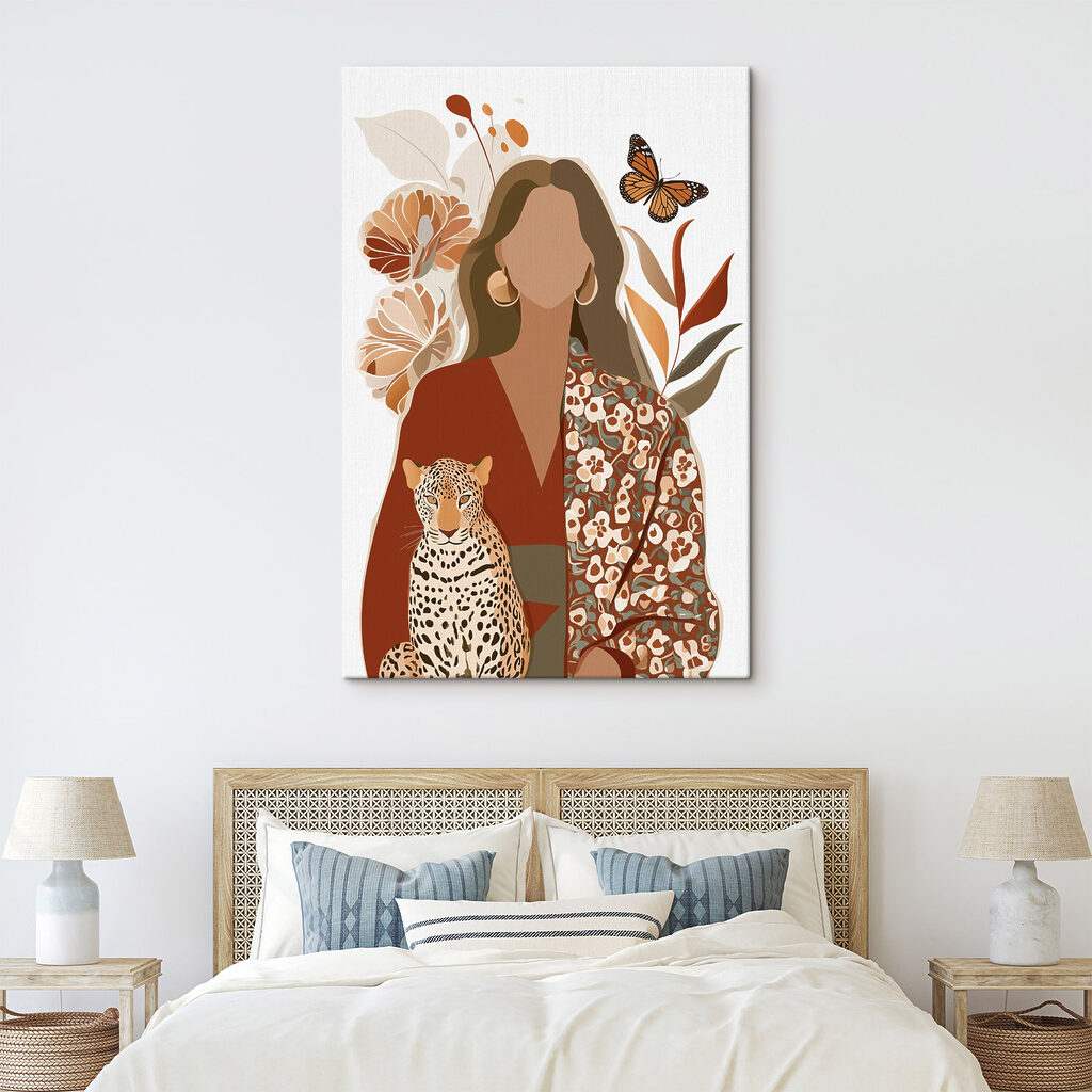 Woman with a leopard and butterflies