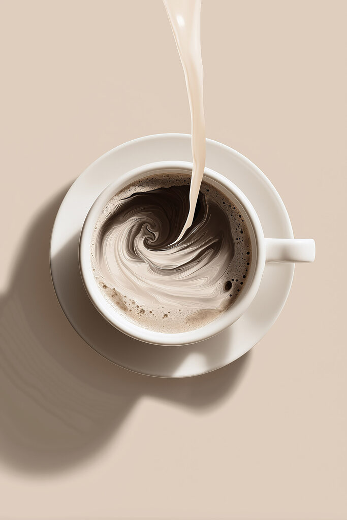 Cup of coffee with milk pouring into it