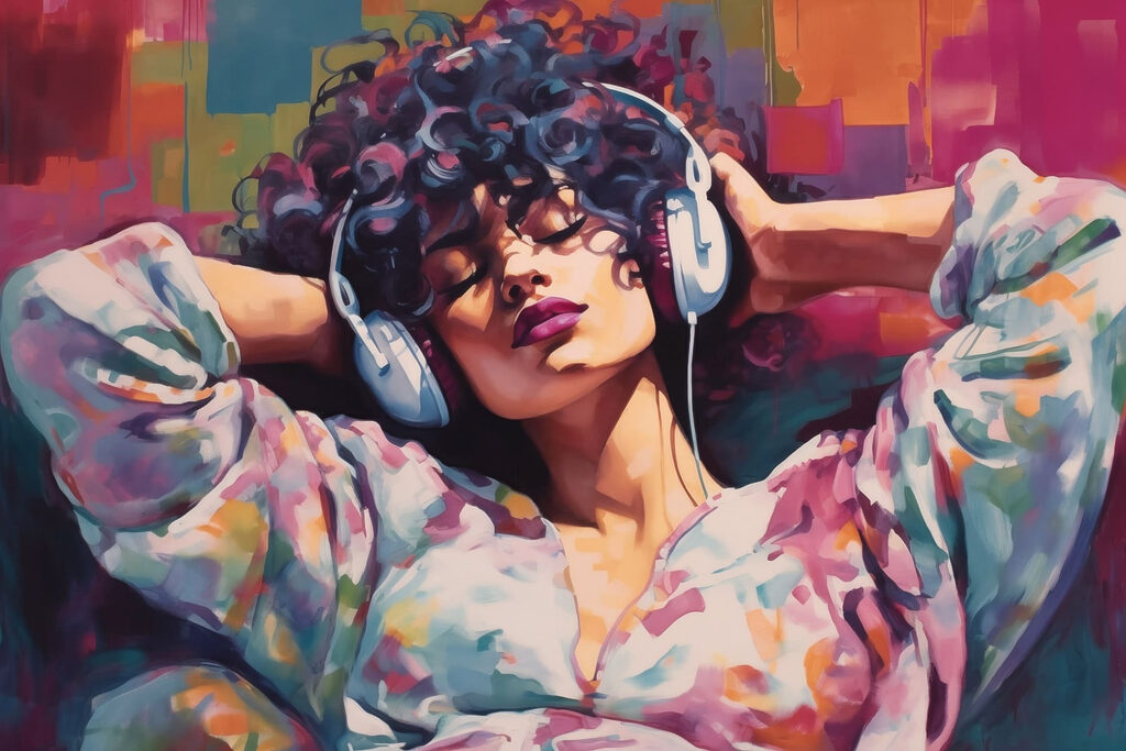 Woman lying down with headphones on her head