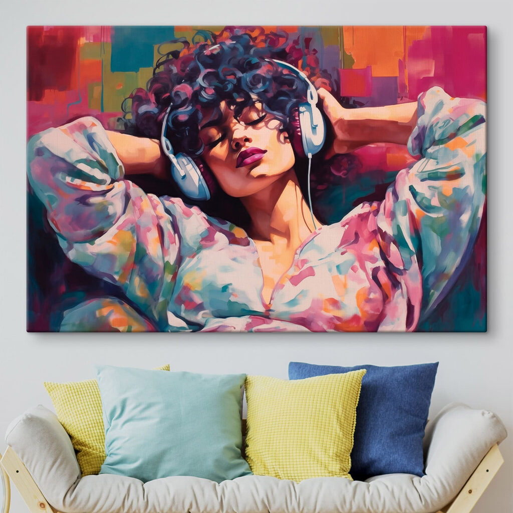Woman lying down with headphones on her head