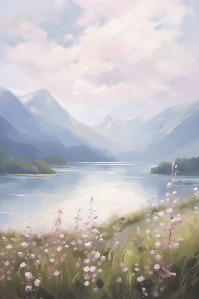 Painting of a lake and mountains