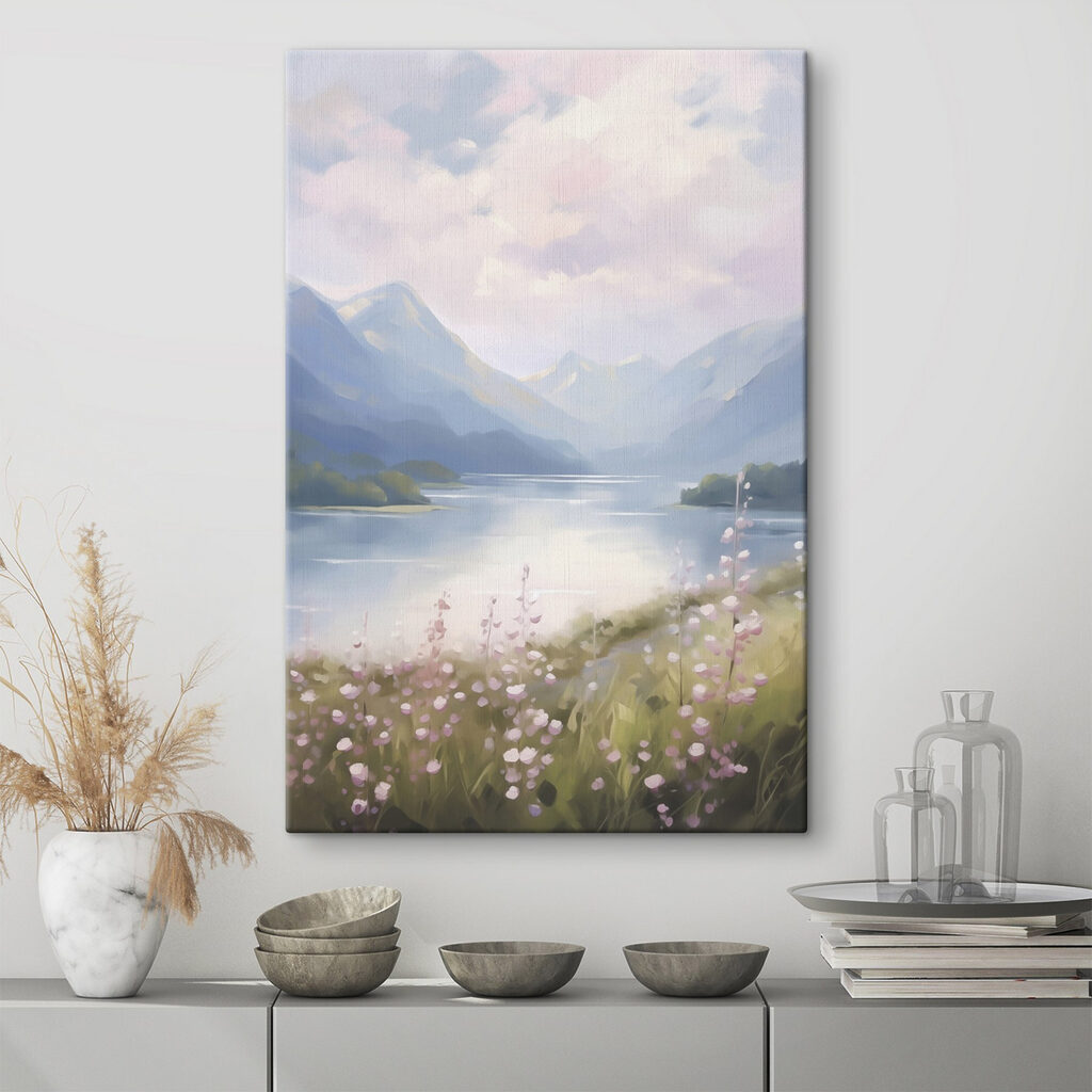 Painting of a lake and mountains