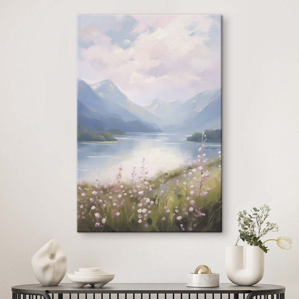 Painting of a lake and mountains