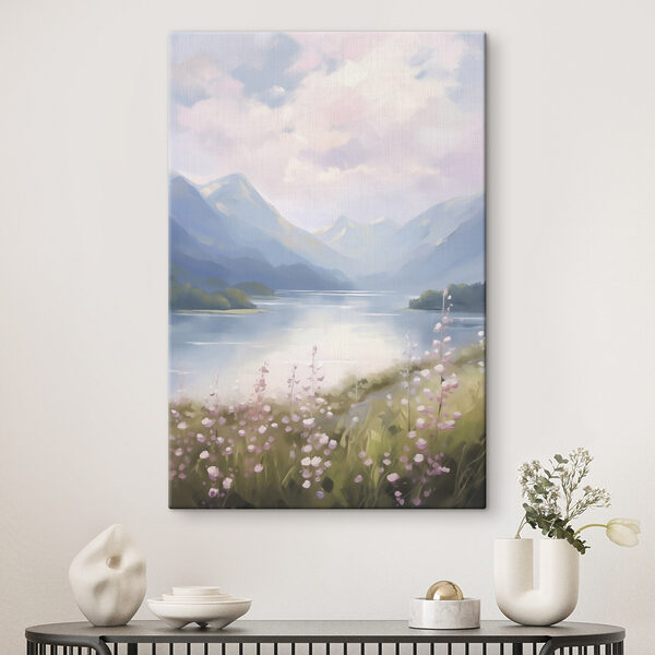 Painting of a lake and mountains